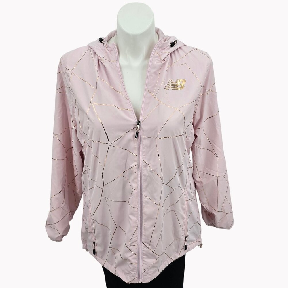 New Balance Womens 1X Hooded Windbreaker Jacket Pink Gold foil Geometric